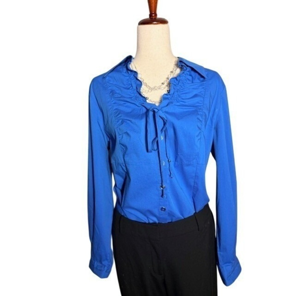 Simonton Says Cobalt Blue Ruffle Blouse‎ Tie Neck Size Large